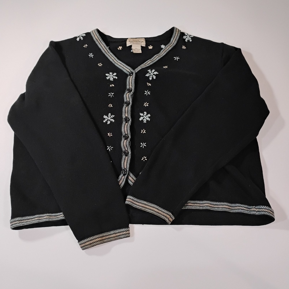 Sonoma Women's XL Cotton Cardigan Button Up Black Snowflake Long Sleeve Sweater